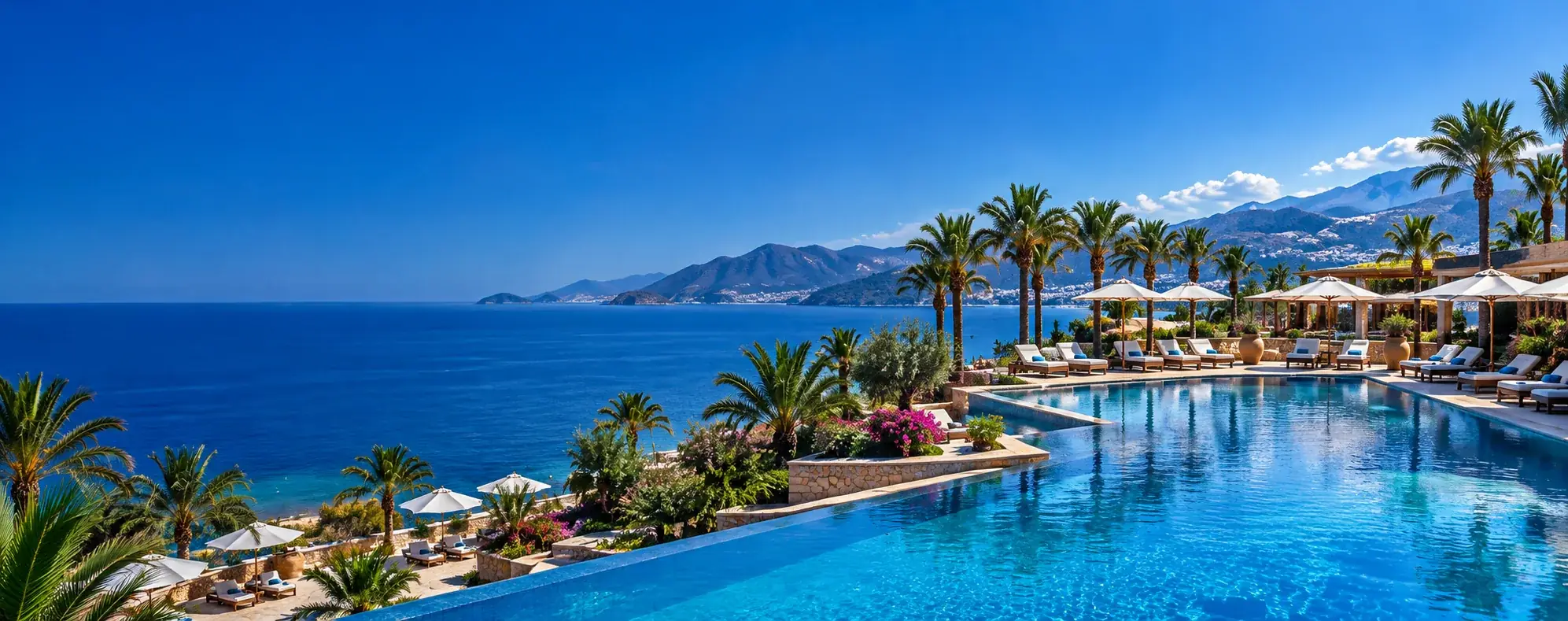 Akdeniz kıyısında lüks tatil köyü ve deniz manzarası